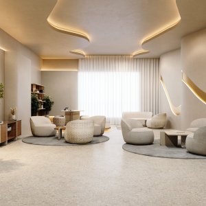 Римский травертин на столешнице стола для переговоров Ginza, крупный план
