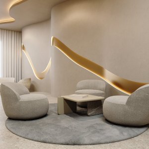 Фасады push-pull без ручек у Ginza Tower под каменной столешницей